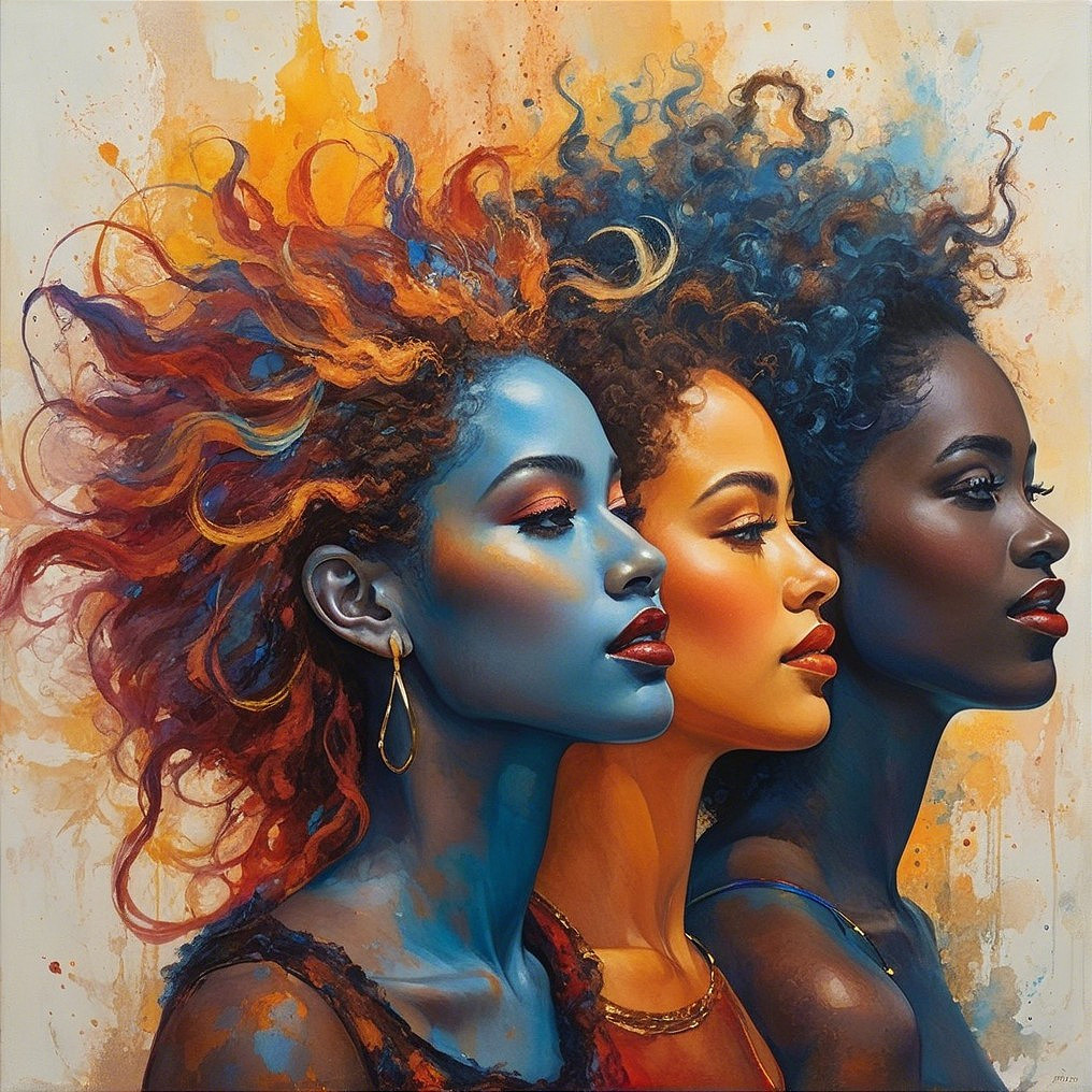 Three Women with Colorful Hair and Diverse Features