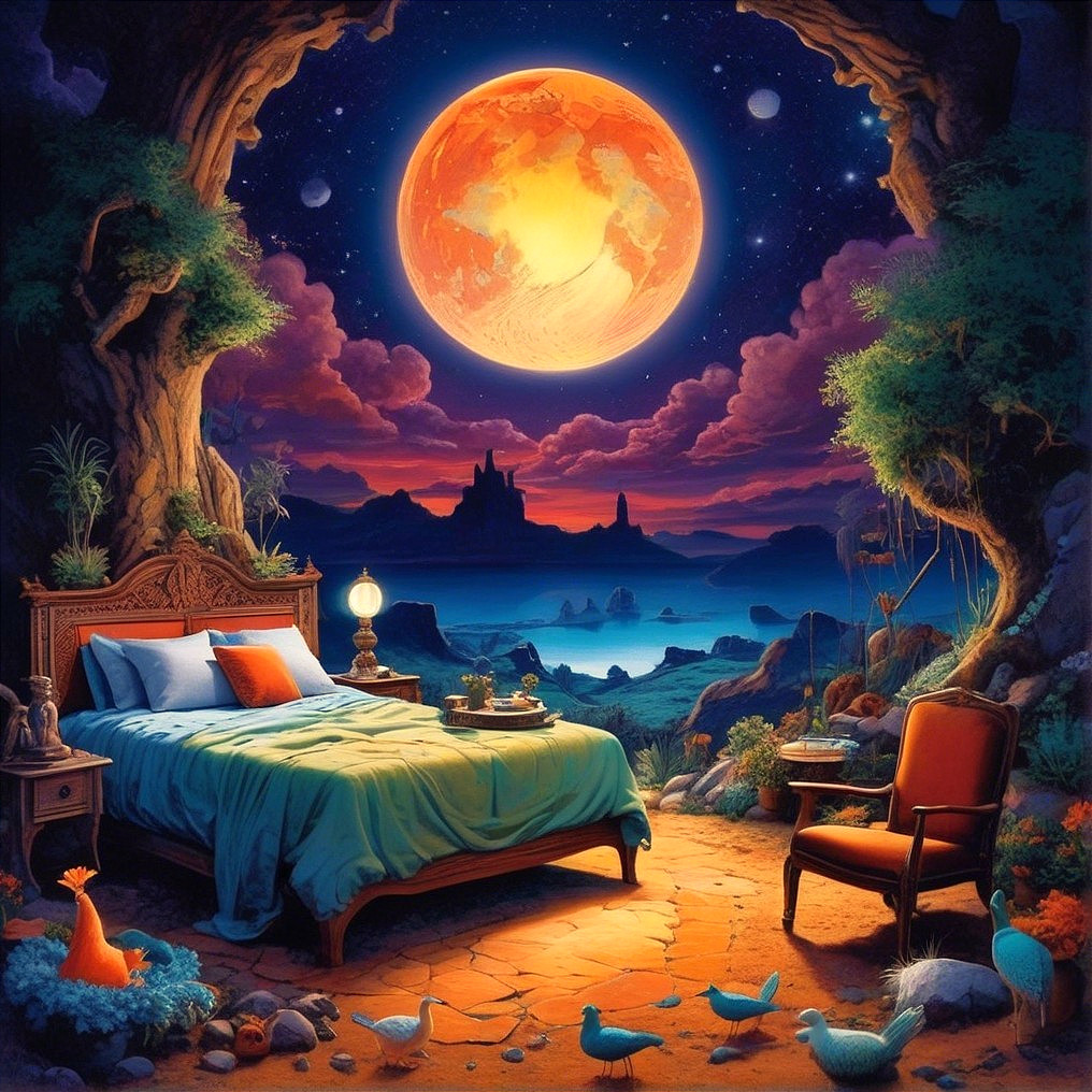 Surreal Bedroom Scene with Moonlit Landscape Elements