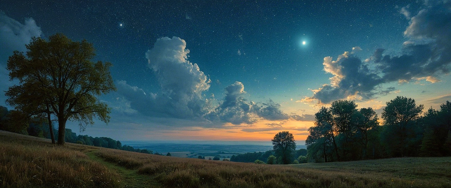 Serene Dusk Landscape with Meadow and Starry Sky