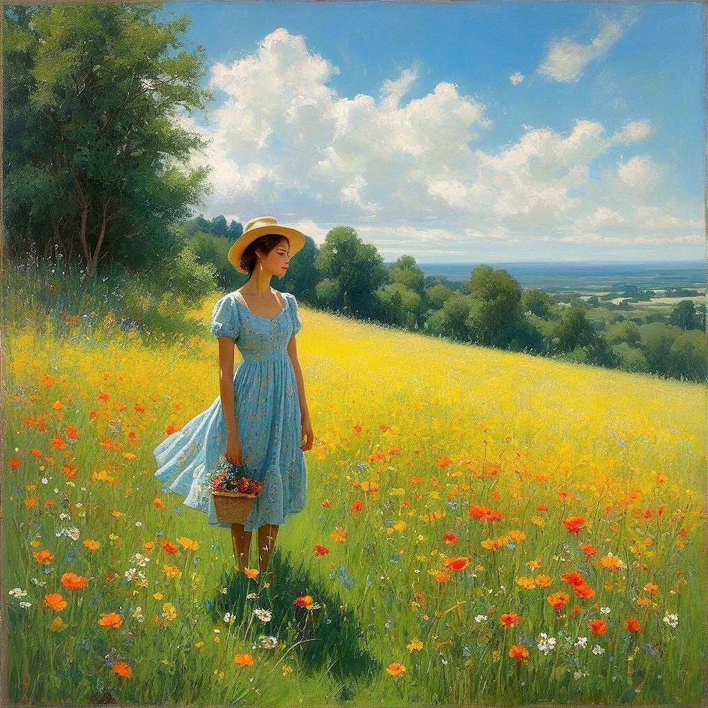 Serene landscape with woman in wildflower field