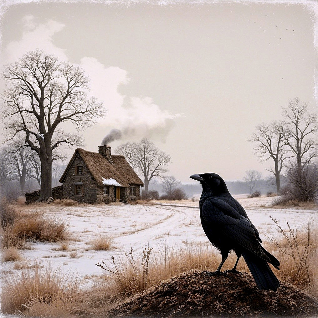 Raven on Mound in Winter Landscape with Cottage