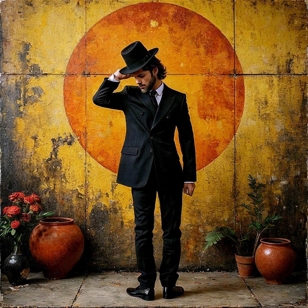 Stylish Man in Black Suit Against Colorful Backdrop