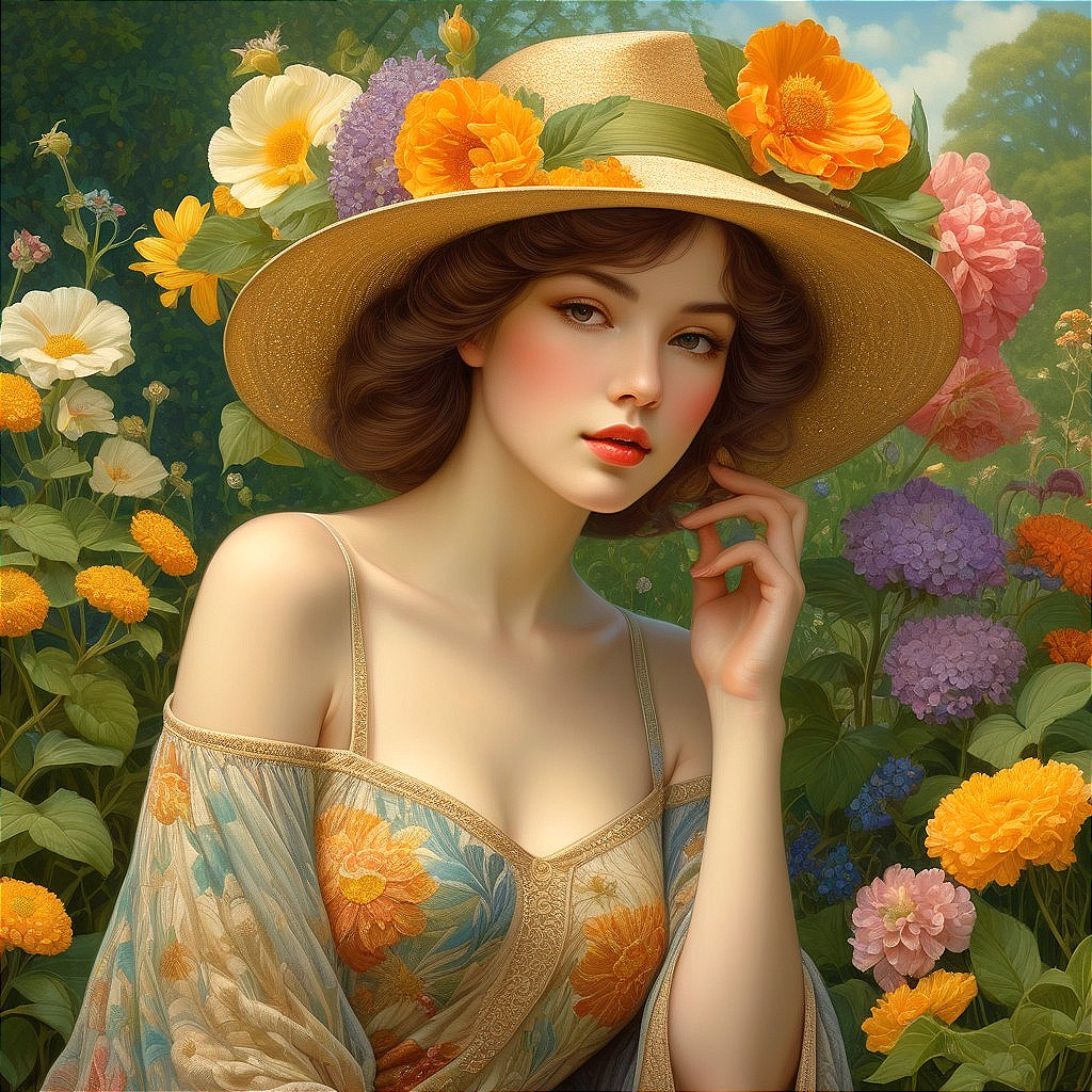 Young Woman in Floral Dress in Lush Garden Setting
