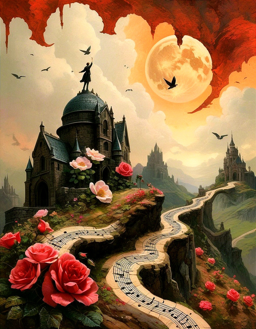 Whimsical Landscape with Castle and Vibrant Roses