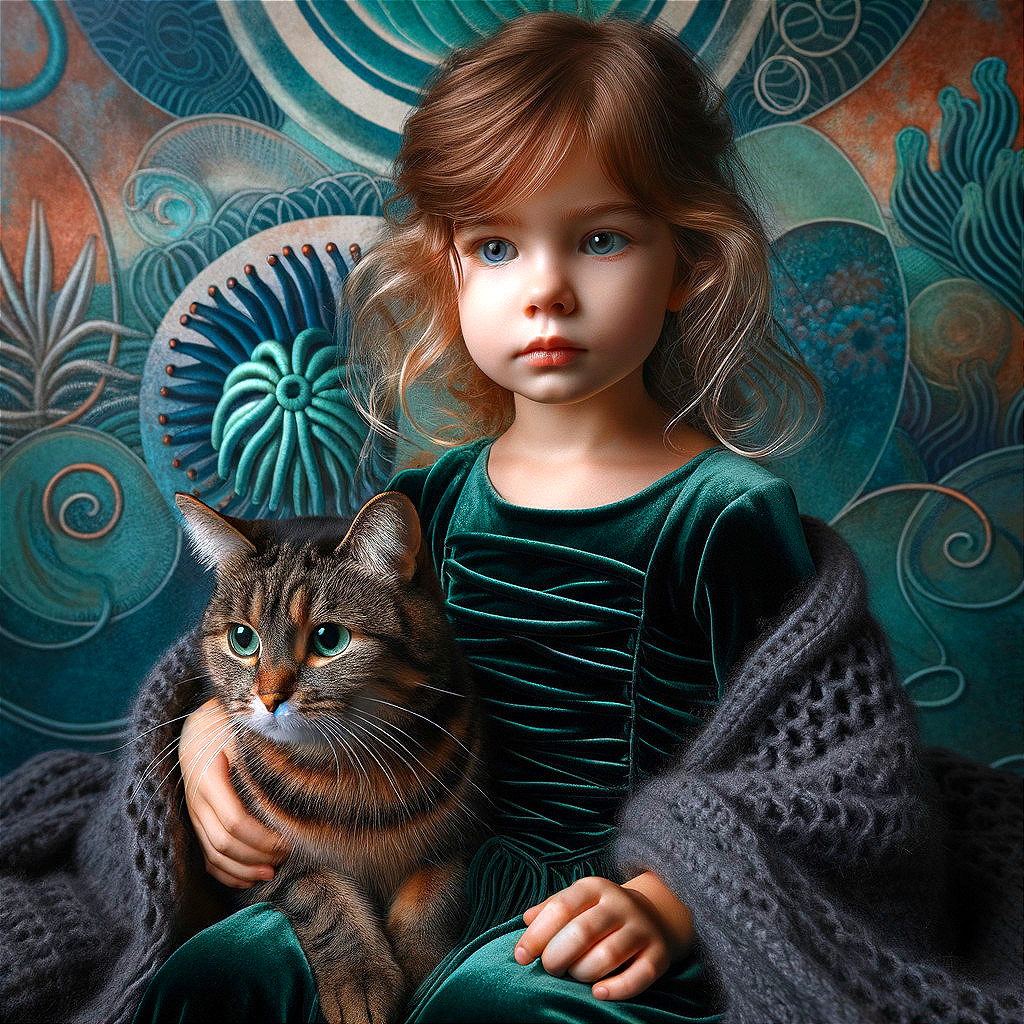 Young girl in green velvet dress with fluffy cat