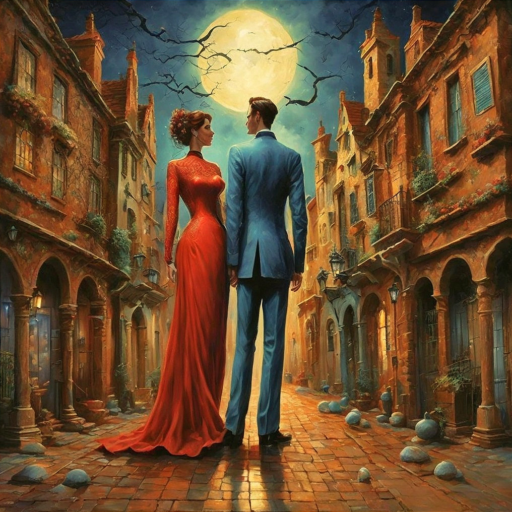 Romantic Moonlit Scene on Cobblestone Street