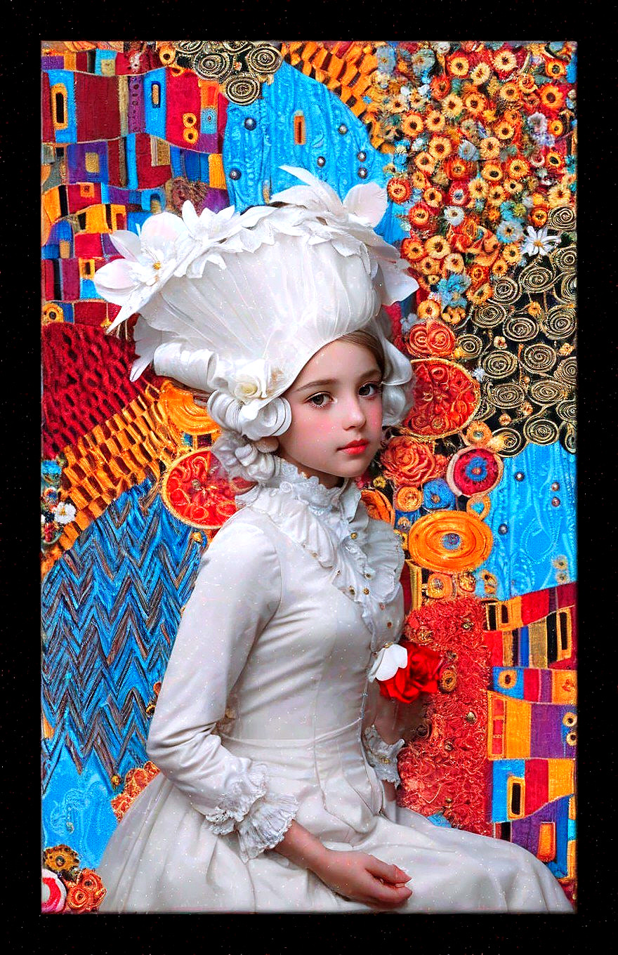 Young girl in vintage dress with floral bonnet in artful scene