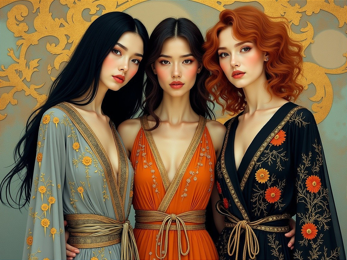 Elegant Women in Flowing Floral Robes Against Gold