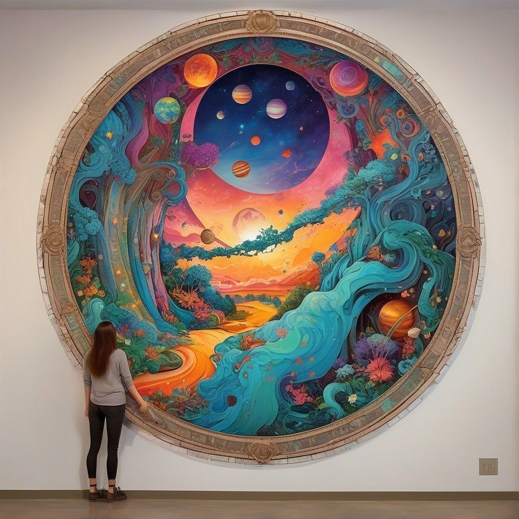 Vibrant Mural of Cosmic Scene with Nature Elements