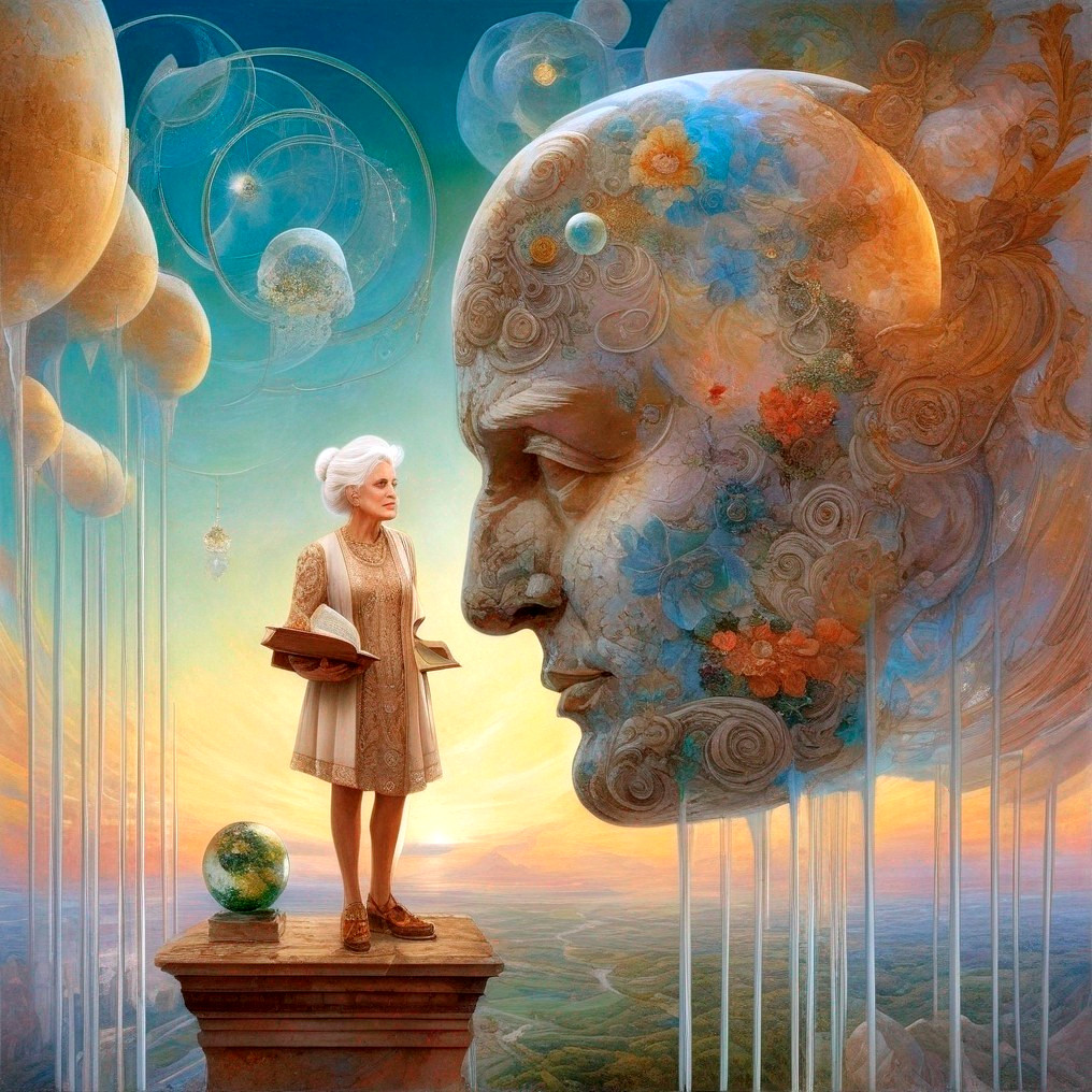 Elderly Woman on Pedestal with Ethereal Background