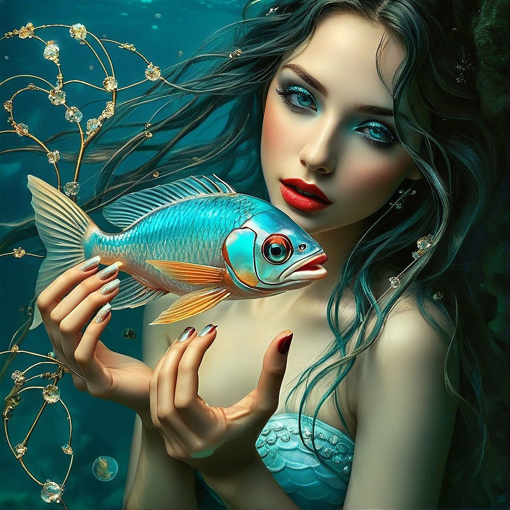 Underwater Scene with Young Woman and Vibrant Fish