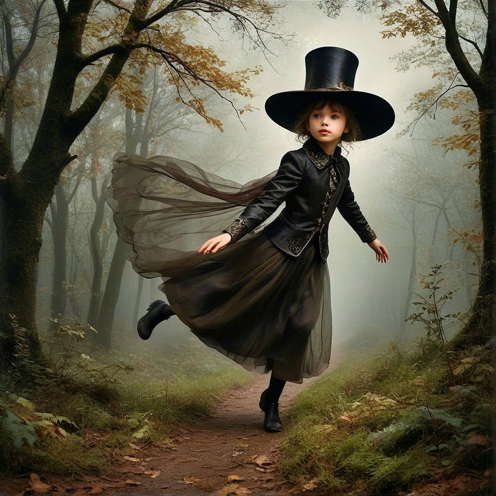 Young girl dancing in misty forest with autumn colors
