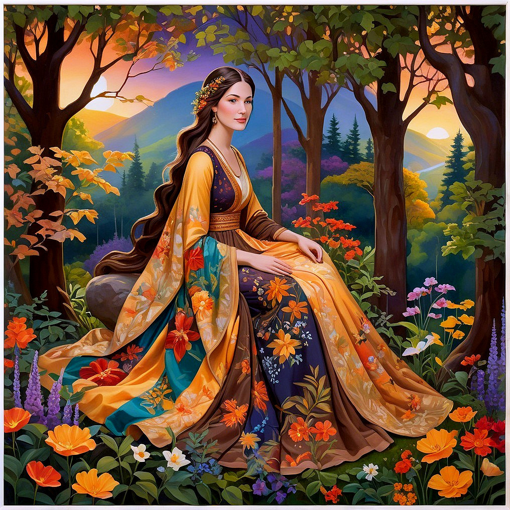 Serene Woman in Colorful Gown in Vibrant Forest