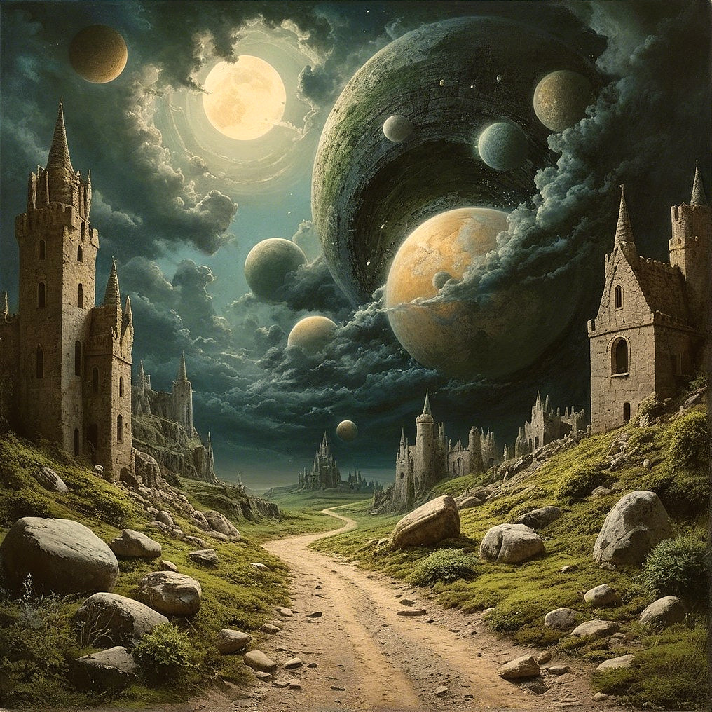 Mystical Landscape with Castles and Celestial Bodies