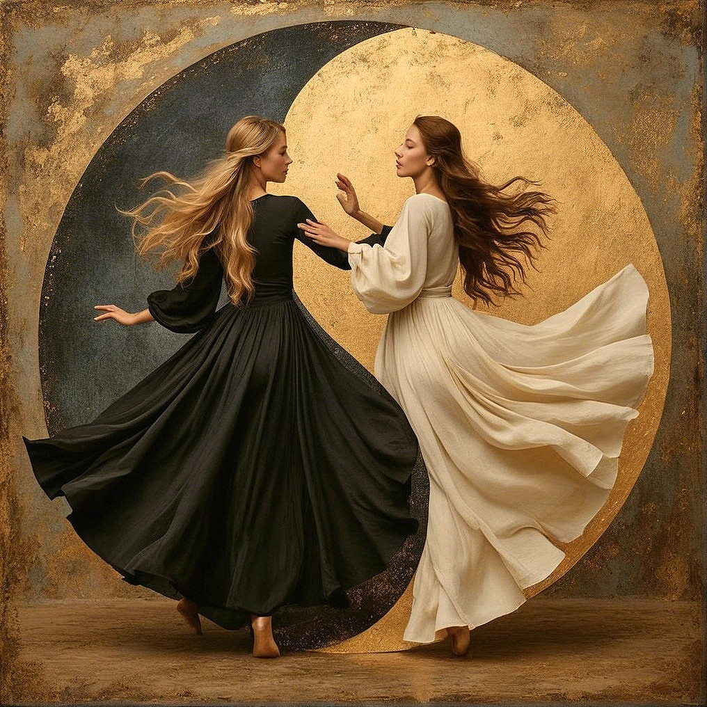 Women Dancing in Yin-Yang Symbol with Textured Background