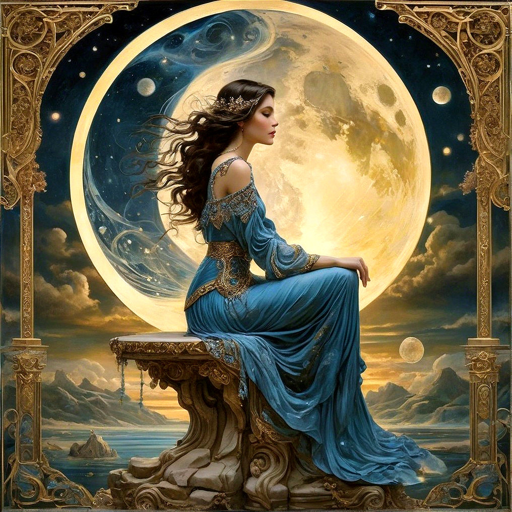 Serene Woman in Blue Gown Under Full Moonlight