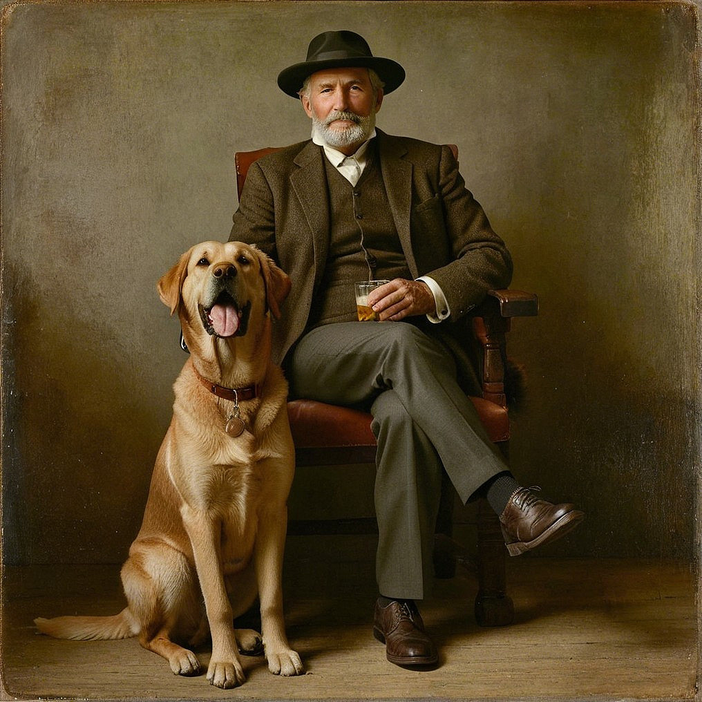 Older Man in Brown Suit with Labrador Retriever