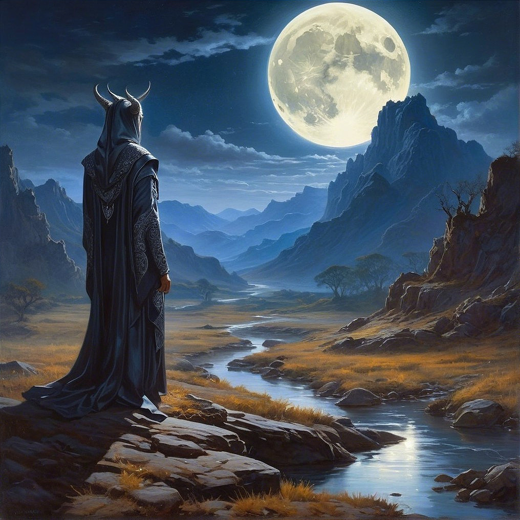 Cloaked Figure on Rocky Terrain Under Full Moonlight