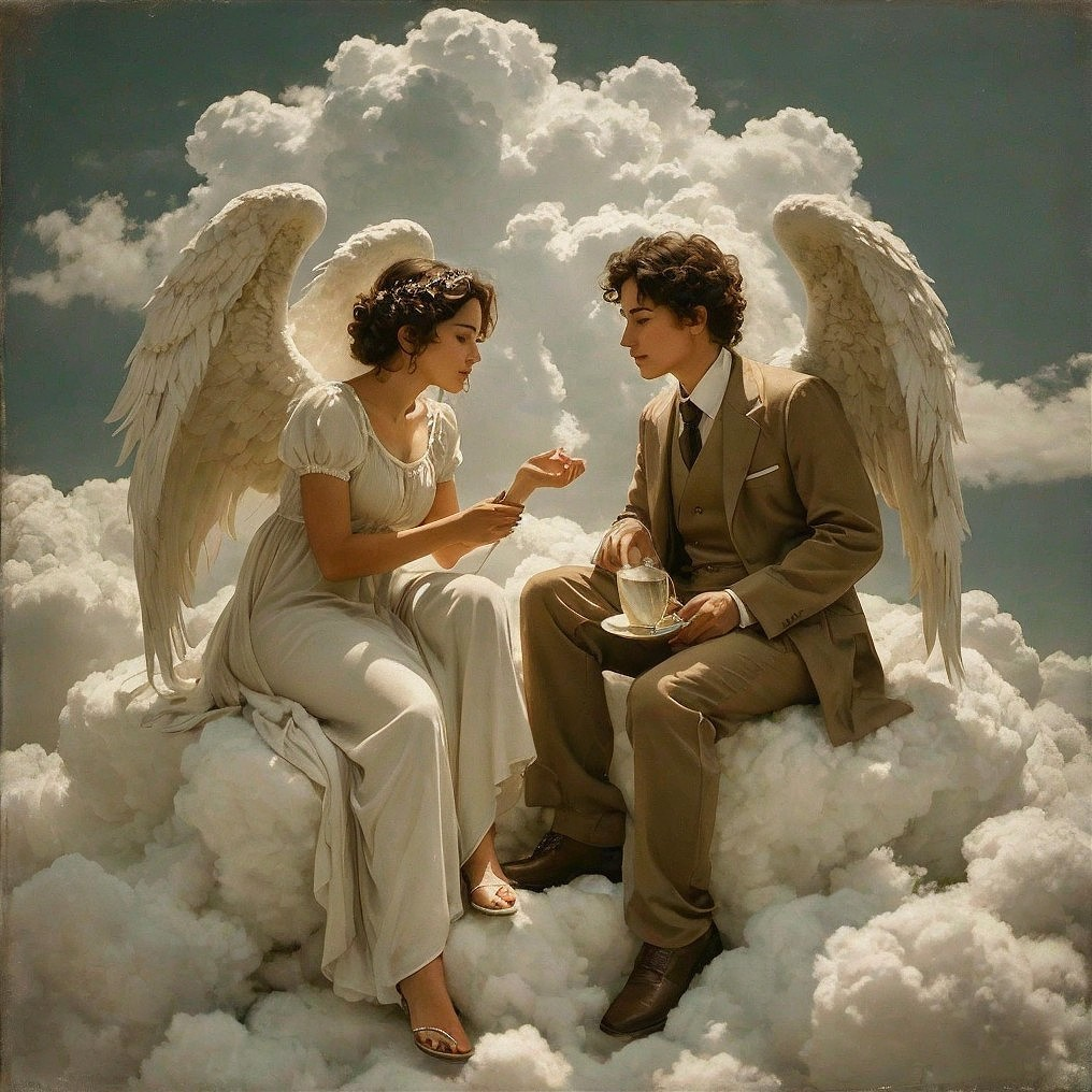 Elegant Winged Woman and Man in Ethereal Setting