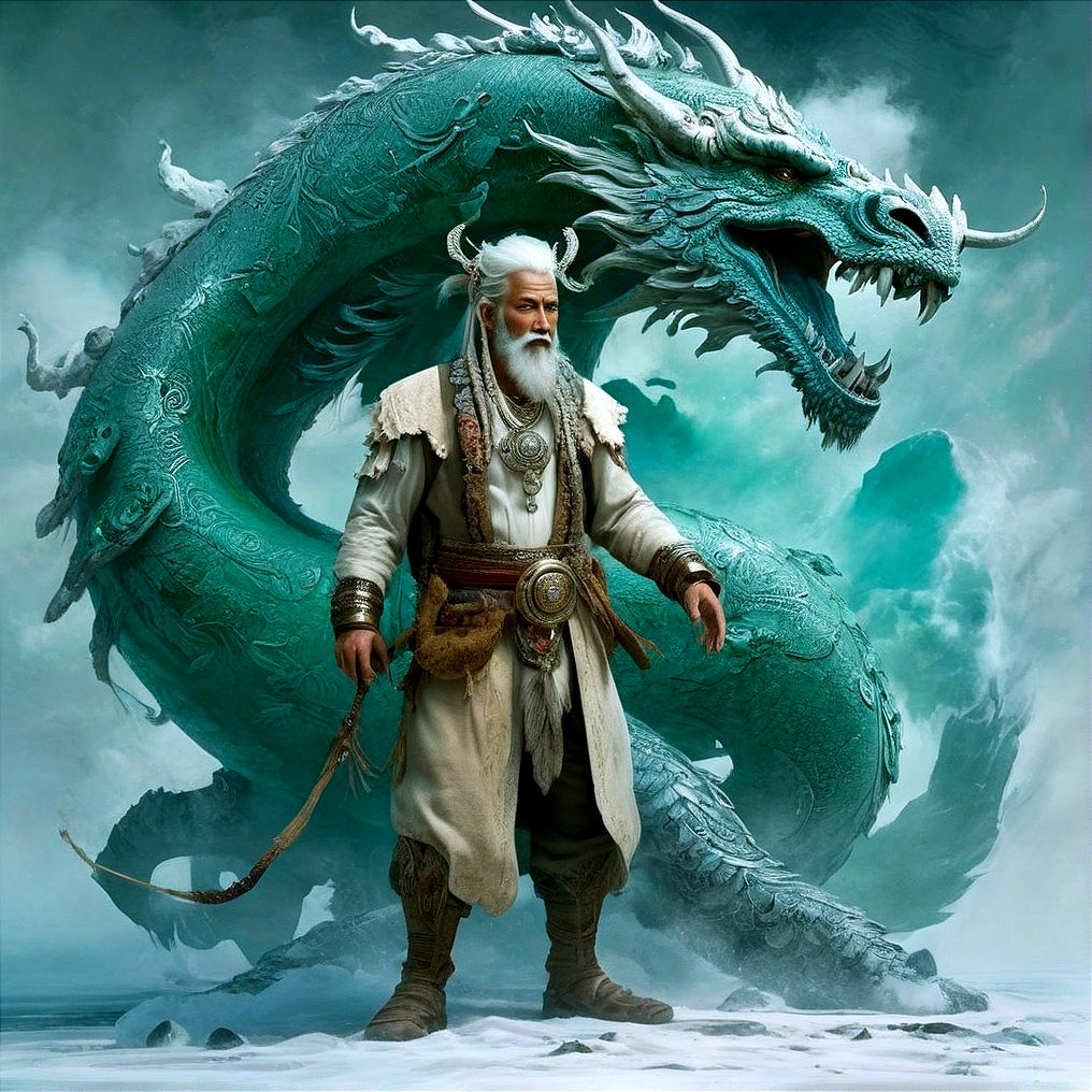 Elderly Warrior and Mystical Turquoise Dragon Scene