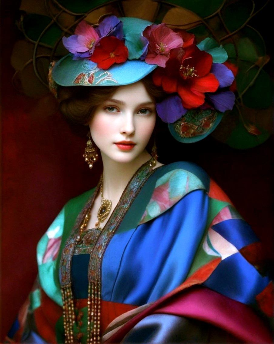 Young woman in floral hat with vibrant colors and elegance