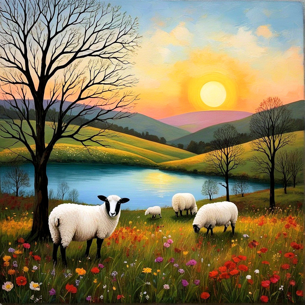 Picturesque Sunset Landscape with Grazing Sheep
