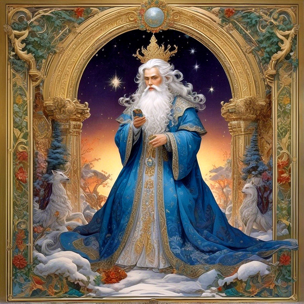 Winter Deity in Blue Robe with Golden Patterns