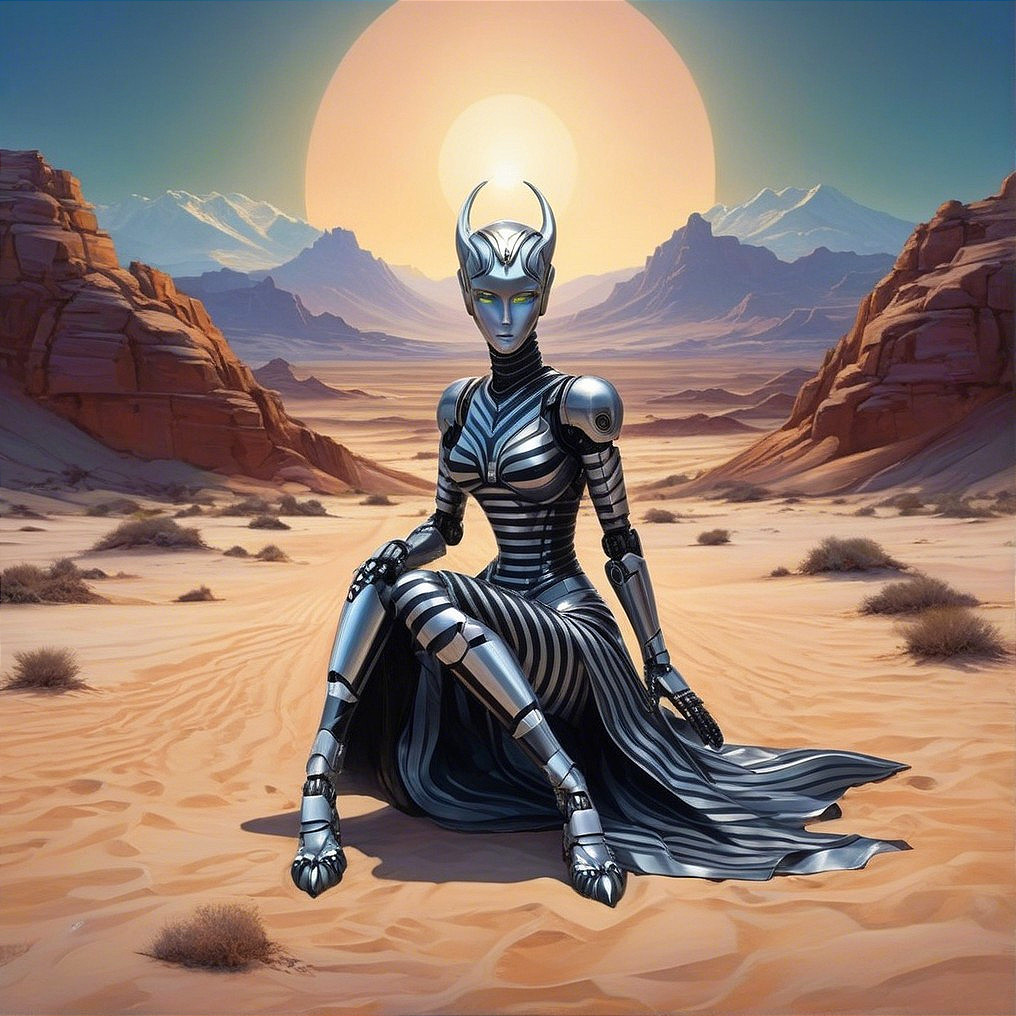 Robotic Figure in Desert Landscape at Sunset