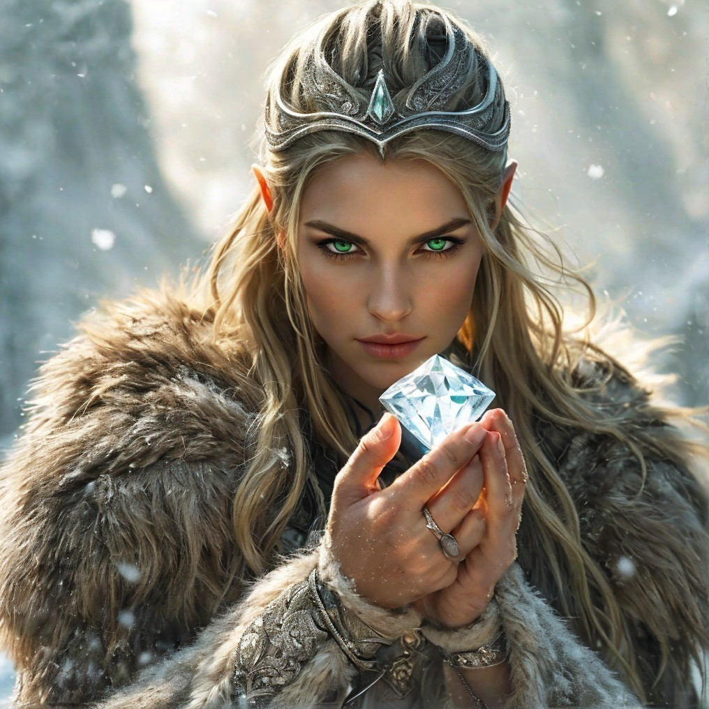 Regal Figure in Snowy Landscape with Crystal