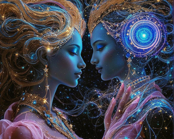 Ethereal Figures in Cosmic Night Sky Setting