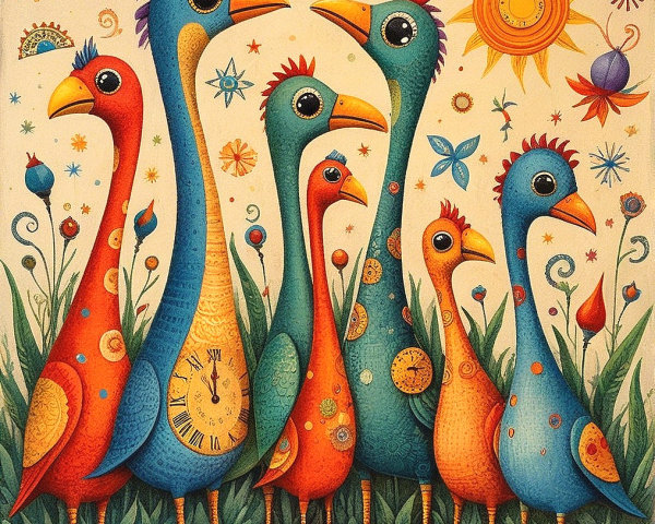 Colorful Stylized Birds in Playful Pose with Motifs