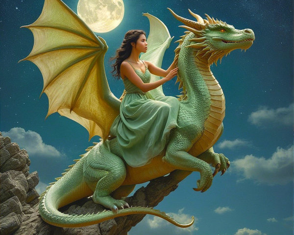 Young Woman Rides Green Dragon Under Full Moon
