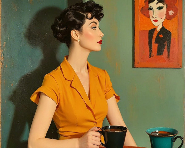 Stylish Woman in Yellow Blouse at a Retro Café
