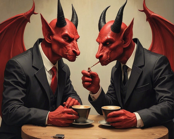 Devilish Figures in Suits Sharing Coffee and Cigarettes