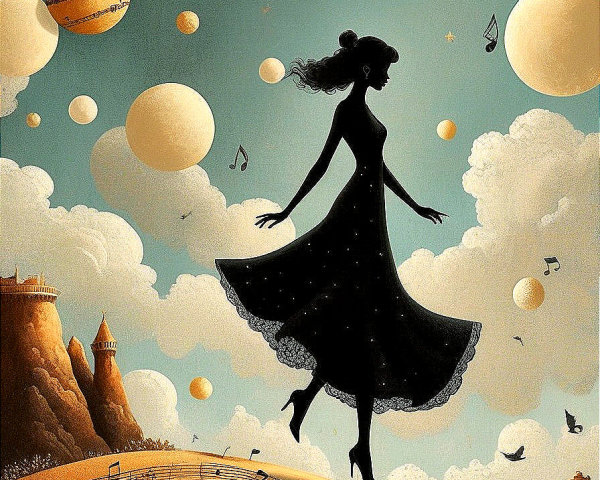 Silhouette of a Woman Dancing in a Dreamlike Landscape