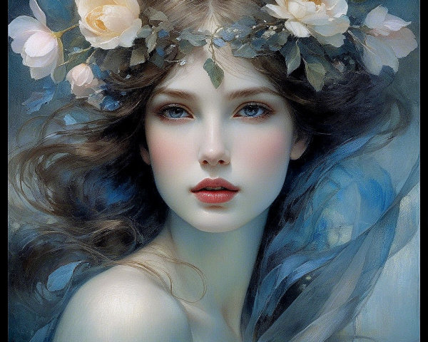 Young woman with rose crown and serene expression