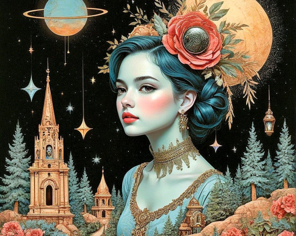 Portrait of a Young Woman with Blue Hair and Roses