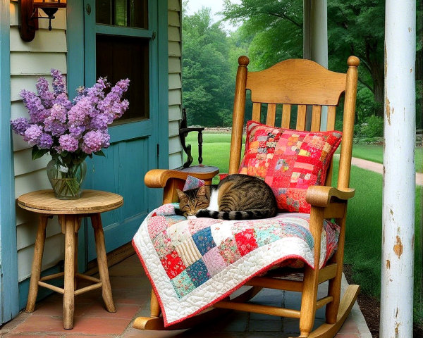 Cozy Front Porch with Rocking Chair and Lilacs