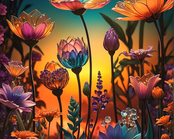 Vibrant Digital Fantasy Garden with Crystalline Flowers
