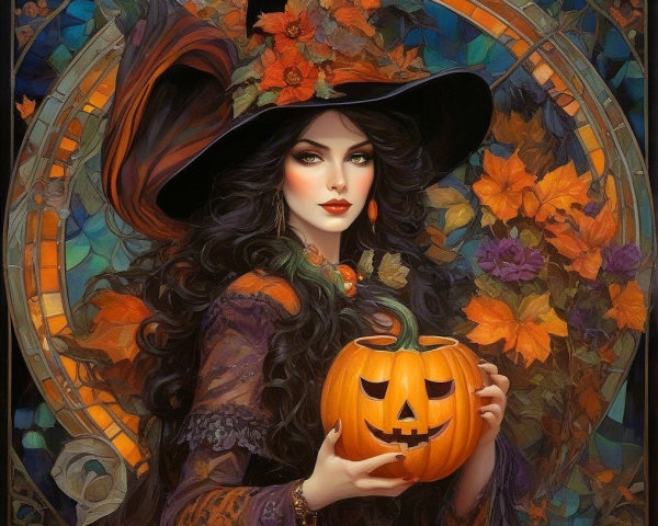 Mystical witch in dark gown with autumn-themed backdrop