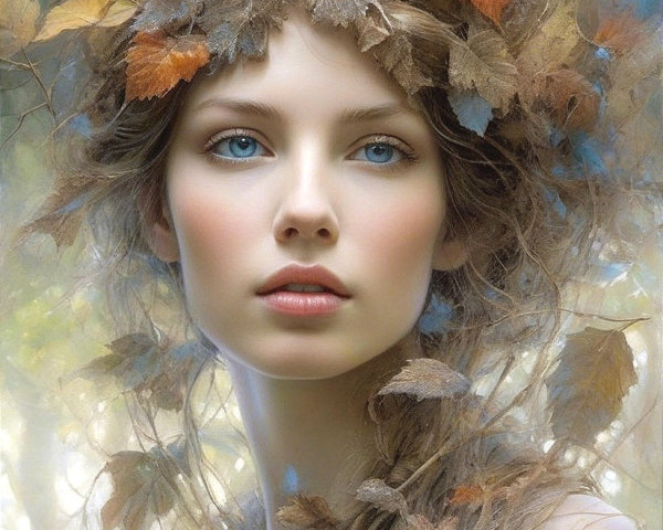 Young woman with blue eyes in autumn leaves crown