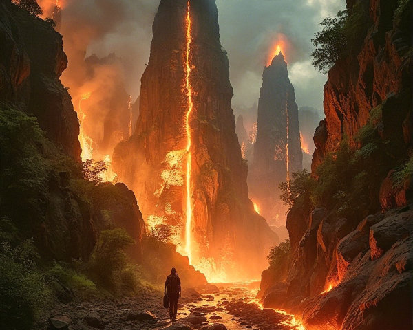 Lone Figure in Volcanic Landscape with Lava Flows