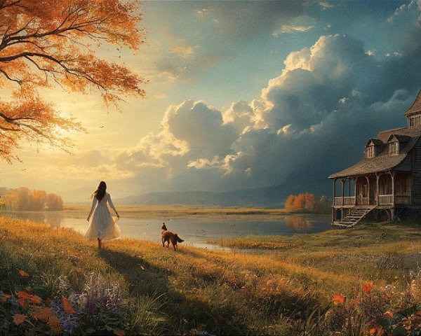 Autumn Landscape with Woman, Fox, and Lake View