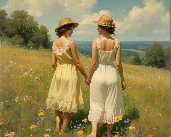 Young women in meadow with wildflowers and hats