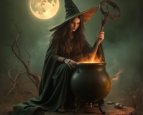 Witch in Moonlight with Cauldron and Enchanting Setting