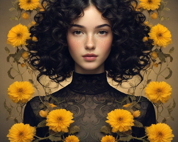 Young woman with curly hair amid yellow flowers