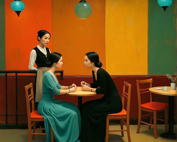 Two Women in Elegant Dresses at a Round Table