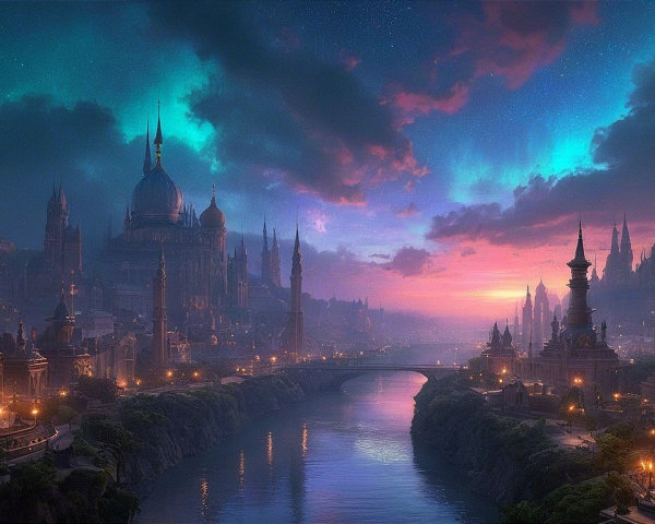 Fantasy Cityscape at Twilight with Spires and River