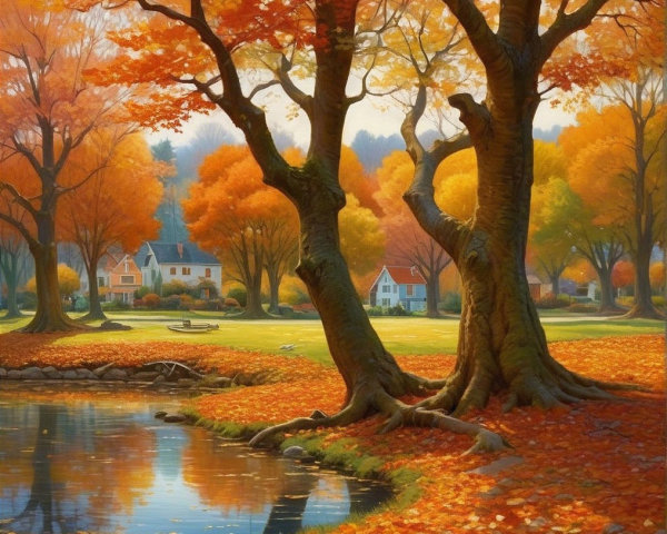 Autumn Landscape with Vibrant Leaves and Calm Pond