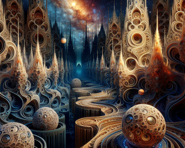 Otherworldly landscape with spiraling structures and galaxy